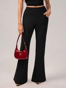 SHEIN Tall High Waist Slant Pocket Flare Leg Pants - Black - View 4