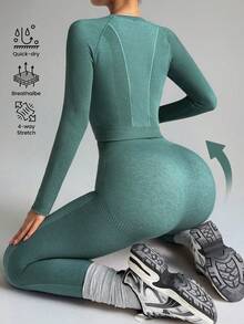 Dewbera Women's Solid Color Raglan Sleeve Top And Leggings Ski Outfit Long Sleeve Gym Set Woman Sport Set Yoga Outfit Set Legging Two Piece Set - Dark Green - View 5