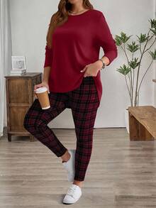 Rosumi Bộ áo phông đen và quần legging kẻ caro cỡ lớn cho mùa đông dành cho nữ - Đỏ - Xem 2