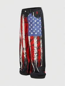 ROMWE MEN Street Life Men's Flag Print Curved Blade Jeans - Blue - View 3