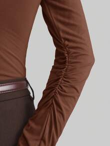Ontre Women's Coffee Brown Pleated Design Collar Long Sleeve T-Shirt,Autumn Smart Casual Office Wear Irregular Hem Solid Color Basic Sense High-End Top - Brown - View 6