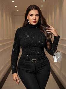 SHEIN Clasi Plus Size Solid Color Elegant Casual Commuter Turtleneck Long Sleeve T-Shirt Elegant Party Christmas Party Long Sleeve Top For Women Going Out Top Women Cute Tops Rhinestone Top Christmas Tops Women Black Long Sleeve Top Black Top For Women Warm Winter - Black - View 4