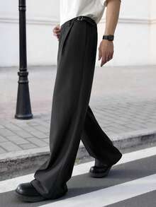 Manfinity Roghcode 男士纯色褶皱阔腿宽松街头时尚裤 - 黑色 - 查看 6