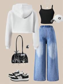 SHEIN ChillGRL 三件套时尚休闲少女套装：白色短款连帽衫（黑色侧边饰带）、黑色吊带背心、蓝色破洞牛仔裤，适合秋冬季外出、通勤和购物。 - 彩色 - 查看 2