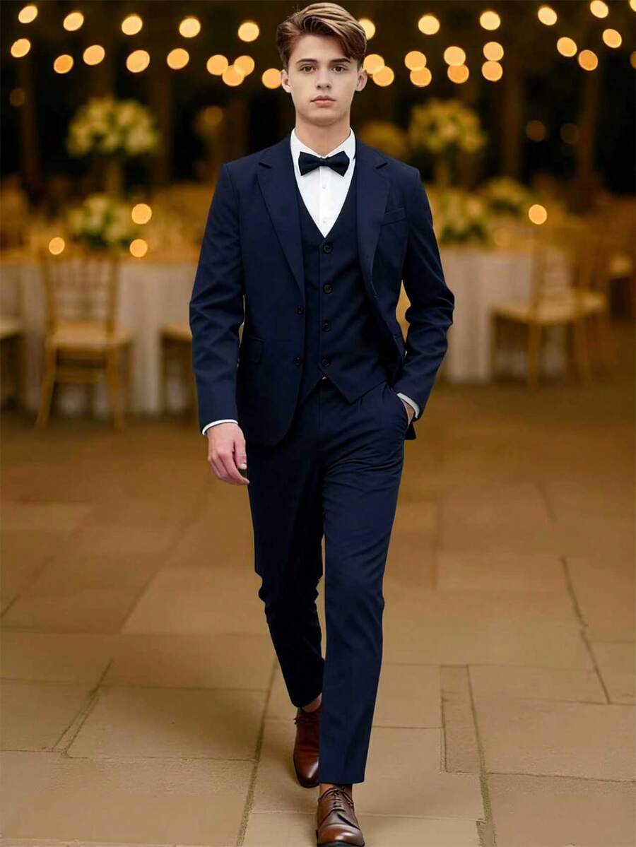 SHEIN 3 件青少年男孩绅士西装套装：西装外套 + 裤子 + 背心，适合钢琴/小提琴演奏会、婚礼、毕业典礼和其他正式场合 - 藏蓝色 - 查看 1