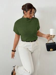 Firerie Atasan Rajut Kasual Lengan Pendek Kerah Tegak Model Batwing Warna Polos untuk Wanita Ukuran Plus, Cocok untuk Musim Semi hingga Musim Panas - Hijau - View 9