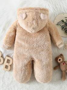 SHEIN 婴儿简约图案连帽可爱长袖睡衣 - 卡其色 - 查看 2