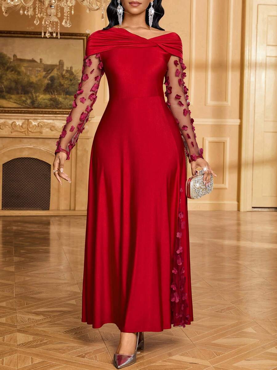 SHEIN Lady Women's Twist Decor Applique Mesh Long Sleeve Elegant Dress Red Dress, New Year's Dress, Christmas, Valentine's Day,Dresses For Women Elegant Red Wedding Guest Dress - Red - View 1