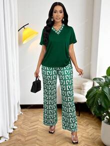 SHEIN Lady 女士休闲侧抽绳短袖上衣和印花长裤两件套，夏季 - 綠色 - 查看 5