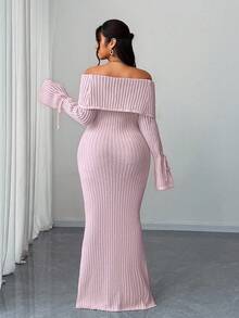 Elenzga Váy len buộc eo trễ vai màu trơn cỡ lớn cho nữ - Hồng - Xem 3