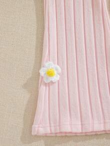 SHEIN 2pcs/Set Young Girl' Fashion Ribbed Patchwork White Long Sleeve Collared Shirt And Pink Ribbed Pants Outfit, Suitable For Casual Wear And Outings - Pink - View 6