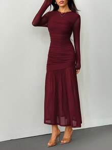 SHEIN PETITE 女士长袖圆领网眼连衣裙，适合秋季当季服装、返校服装、教师服装 - 酒紅色 - 查看 6