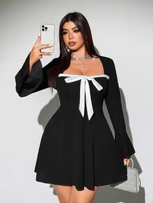 Viva Relle Váy nơ thời trang tay loe gợi cảm cỡ lớn cho nữ - Đen và trắng - Xem 5