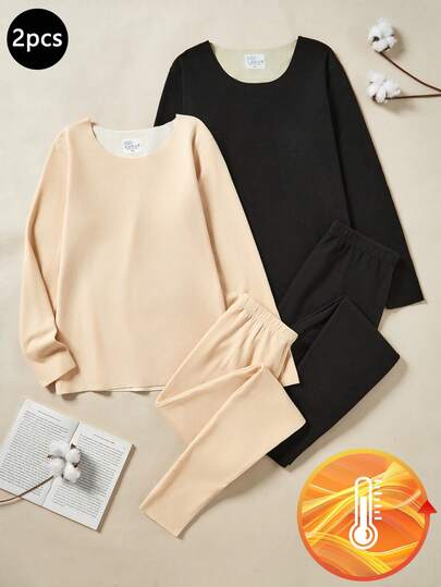 Teen Girl Brushed V-Neck Seamless Thermal Underwear Set, Thermal Lined Autumn Top And Bottom Warm & Comfortable