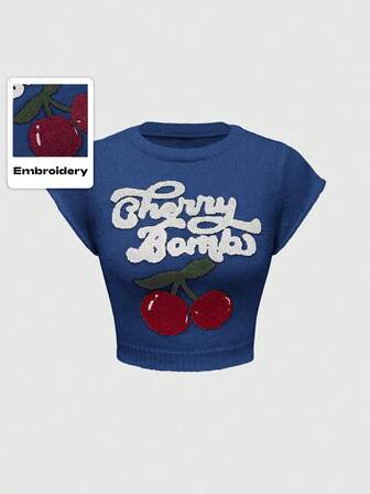 Kawaii Cute & Innocent Collegiate Style Cherry Embroidered High Neck Lantern Sleeve Women Sweater