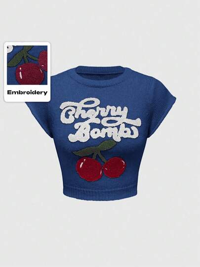 Kawaii Cute & Innocent Collegiate Style Cherry Embroidered High Neck Lantern Sleeve Women Sweater