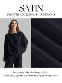 Ontre Women's Satin Off-Shoulder Oversized Sleeve Minimalist Elegant Business Casual Blouse, Autumn/Winter - Navy Blue - View 3