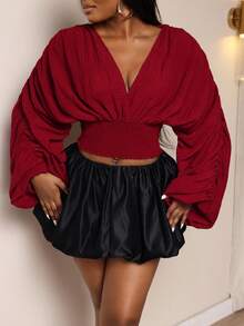 Xyvia 女士酒红色褶皱泡泡袖上衣，设计优雅性感，适合生日、约会、派对、音乐会、音乐节、独立日、光棍节、返校派对、万圣节、圣诞节、新年、旅行、秋季穿着。 - 酒紅色 - 查看 4