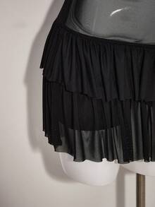 SHEIN ICON Fitted Contrast Mesh Contrast Layered Ruffle Big Lapel Collar Women Dress - Black - View 6