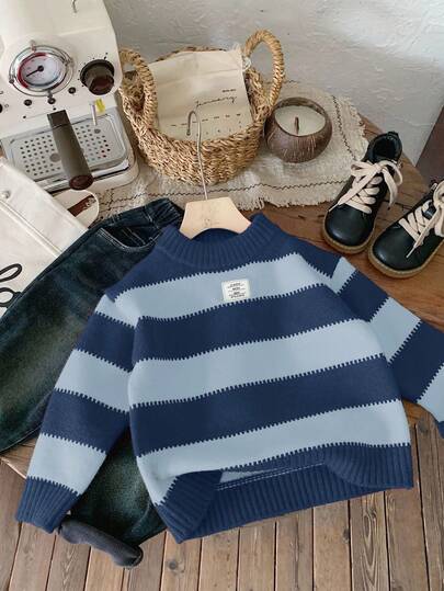 LMoss Kids LMoss 1件装 男童韩版可爱休闲条纹高领宽松保暖毛衣，可内搭或外穿，适合外出、上学、日常聚会、圣诞节、秋冬季 红白条纹毛衣 儿童针织毛衣 条纹毛衣