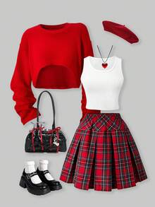SHEIN ChillGRL Casuvi Kid 3-Piece Girls Christmas Outfit: Knitted Textured Waffle Crew Neck Sweater + Camisole + Pleated Plaid Skirt Set, Suitable For Casual Daily Wear, Festivals, Parties, Vacation In Spring/Autumn - Red - View 1