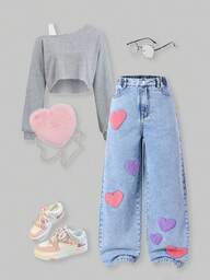 SHEIN ChillGRL Calça Denim Wide Leg Confortável, Lavada, Azul Claro, Ajuste Relaxado, Estilo Casual, Academia, Vintage, Multicolorida, Bordada, Para Meninas Pré-Adolescentes