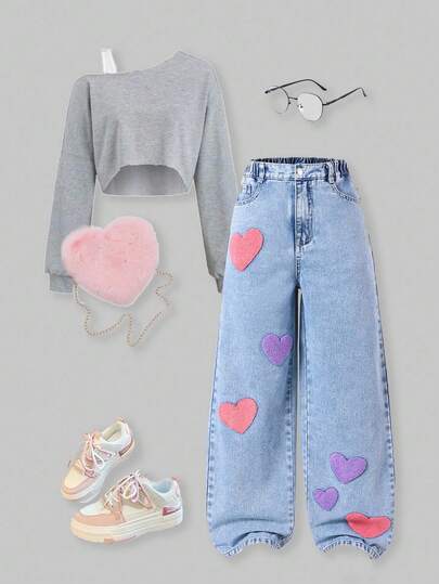 SHEIN ChillGRL Tween Girl Oversized Vintage-Style Multicolor Embroidered Academy Casual Relaxed Fit Comfortable Washed Light Blue Denim Wide Leg Pants Summer Holiday