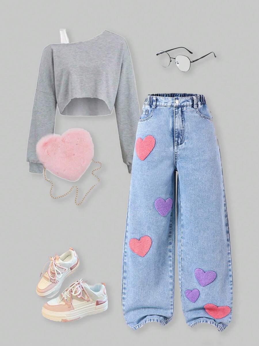 SHEIN ChillGRL Tween Girl Oversized Vintage-Style Multicolor Embroidered Academy Casual Relaxed Fit Comfortable Washed Light Blue Denim Wide Leg Pants Summer Holiday - Light Wash - View 1