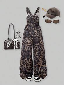 SHEIN ChillGRL Tween Girl Leopard Print Button Design Wide Leg Casual Bib Overall Jumpsuit Fall Winter - Multicolor - View 1