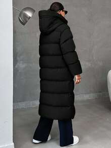 EURMUSE 冬季长款大码拉链连帽大衣 - 黑色 - 查看 2