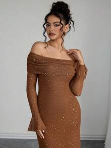 Rafferiza Women's Elegant Off-Shoulder Rhinestone Mesh Maxi Dress