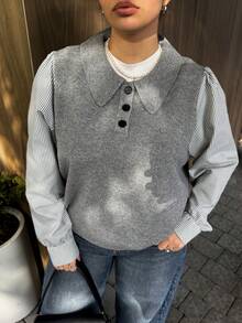 Dazy Plus 大码女式条纹拼接长袖Polo领休闲毛衣 - 灰色 - 查看 5