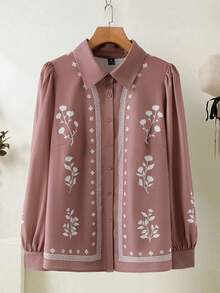 Modelyn Plus Size Women Elegant Floral Print Front Button Long Sleeve Arabic Style Top, Autumn - Dusty Pink - View 2