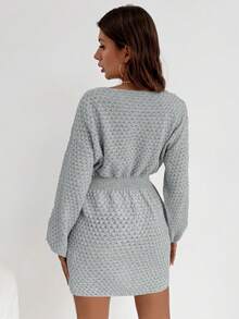 SHEIN LUNE Váy len cổ tròn thắt eo thường ngày cho nữ, Thu/Đông - Xám - Xem 2