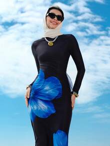 Swim Shayni 2pcs/Set Women's Swimsuit With Random Floral Print, Including Round Neck Long Sleeve Rash Guard And Black Modest Long Pants, Suitable For Beach Holiday - Multicolor - View 3