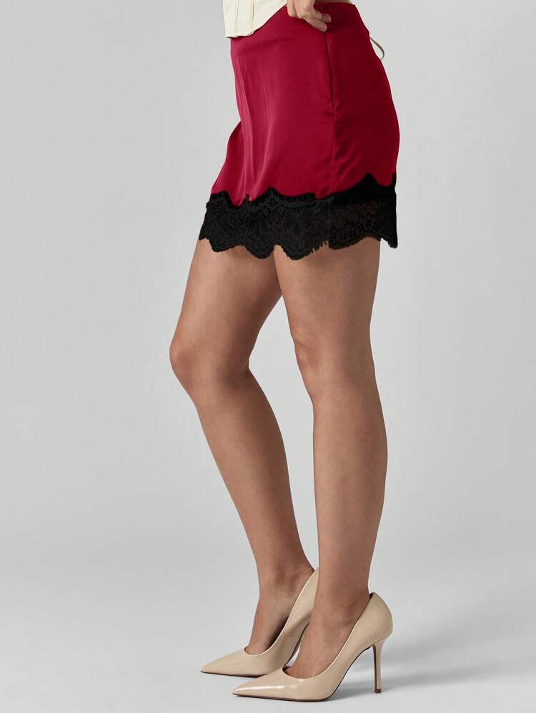 MISSGUIDED Mini Skirt With Black Lace Trim Hem Detail High Waist Short Length Bottom For Casual Party Night Evening Occasion Fashion Style