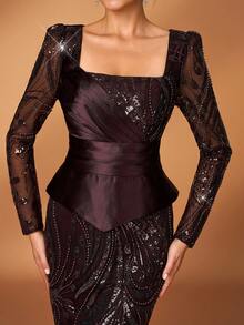 Serin Elegant Luxurious Beaded, Sequin & Embroidered Mesh Sleeve Mermaid Dress, Suitable For Weddings, Parties, Vacations, Galas, Holidays, Bride & Mother Of The Bride Evening Gowns - Coffee Brown - View 9