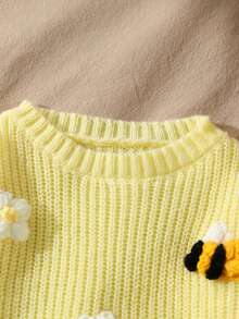 SHEIN 1件女婴毛衣，简约圆领，饰有可爱的3D花朵和蜜蜂图案，亮黄色，厚度适中，下摆和袖口整齐，柔软舒适，适合日常穿着，室内外活动皆宜，秋冬季婴儿针织衫，蜜蜂图案，女婴冬季毛衣 - 黃色 - 查看 8
