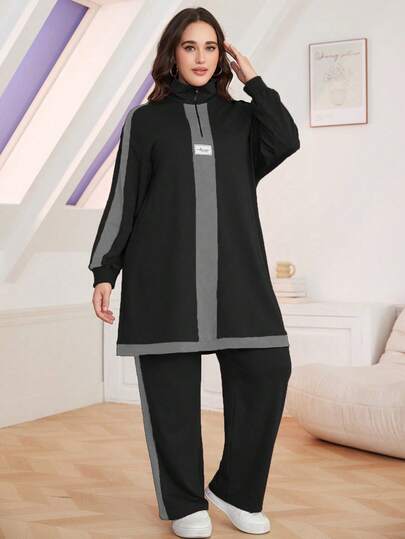 Lacomfia 2pcs Plus Size Casual Color Block Stand Collar Loose Top And Pants Set, Autumn 2 Pieces Set