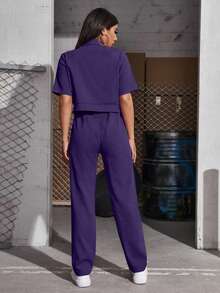 Modelyn Women's Short Sleeve Workwear Pocket Shirt And Pants Set 2 Pieces Set - Purple - View 2