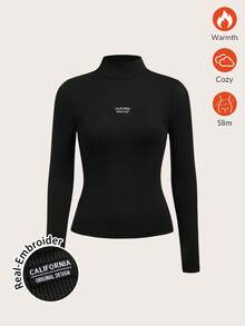 SHEIN BASICS 女士休闲简约高领长袖紧身T恤，适合秋冬季节，可作内搭 - 黑色 - 查看 4