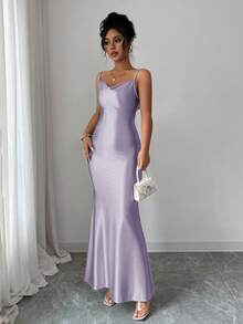 Elenzga Elegancka letnia sukienka wieczorowa dla kobiet, 3D kwiatowy wzór, satynowe ramiączka spaghetti, odkryta talia, dopasowana, odpowiednia na formalną kolację, imprezę, luksusowa suknia wieczorowa - Fioletowy - Zobacz 3