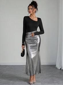 SHEIN Raffinéa 女士优雅派对/约会不对称领口拼接银色亮片珍珠装饰修身长袖连衣裙，秋冬款 - 黑色 - 查看 7