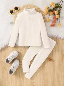 SHEIN 2pcs Young Girl White Solid Color Knit Stand Collar Casual T-Shirt And Pants Set For Summer,Spring,Autumn,Winter,Great Christmas Gift For Young Girls - Black and White - View 3