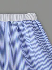 SHEIN ChillGRL Spring & Summer Teen Girls " ME" Sweet Cute Design Ruffle Bow Round Neck Short T-Shirt Paired With Contrast Color Block Striped Wide Leg Pants 2 Pieces Set, Suitable For Daily, Commuting, Hangout With Friends, Holiday Outfit Summer Holiday - Blue and White - View 7