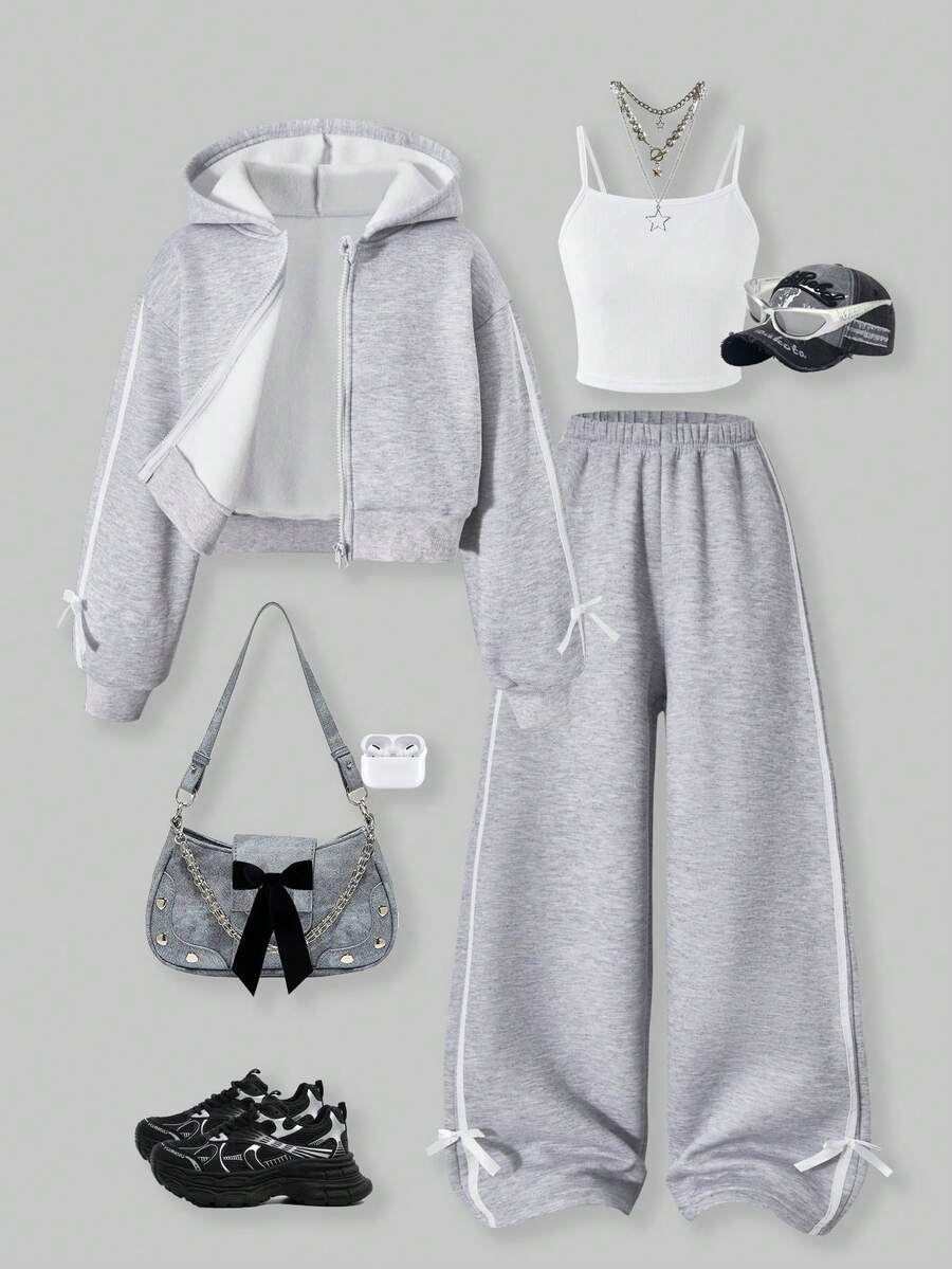 SHEIN ChillGRL 3 件套女童休闲简约吊带背心 + 短款拉链连帽衫 + 阔腿裤套装，适合日常穿着