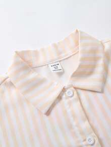 SHEIN ChillGRL Tween Girls ME 宽松休闲甜美可爱背部图案条纹长袖衬衫，适合日常、通勤、休闲、与朋友聚会 - 黃色 - 查看 4