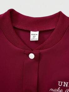SHEIN Explorewe 2pcs/Set Tween Girls' Burgundy Baseball Collar Cardigan,Embroidered Letter Graphic,Button Closure,Large Pockets,Crease Pants,Autumn Casual School - Burgundy - View 9