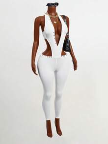 Mistrie Bộ đồ liền thân hở lưng gợi cảm cổ chữ V sâu và quần bó cạp thấp dành cho nữ - trắng - Xem 3