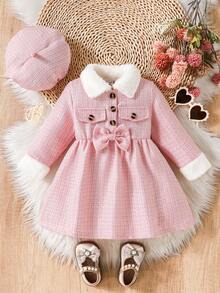 Souflis Souflis Vestido de niña bebé a cuadros con parches, cuello de piel sintética y decoración de lazo, adecuado para uso casual, de fiesta y diario - Rosa - Ver 1